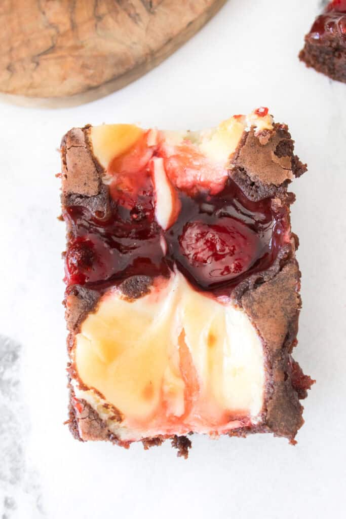 closeup of strawberry cheesecake brownie