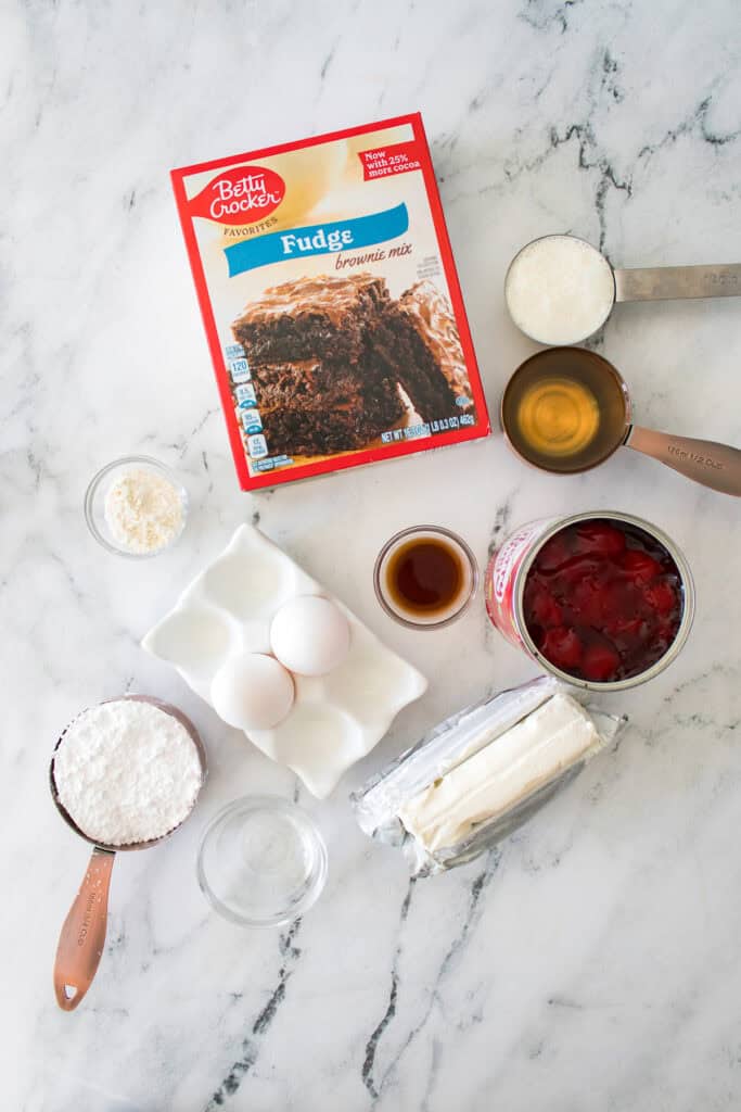 overhead shot of ingredients for strawberry cheesecake brownies