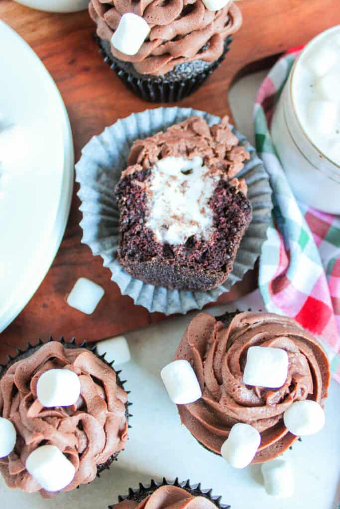 closeup of marshmallow filling inside hot chocolate cupcake