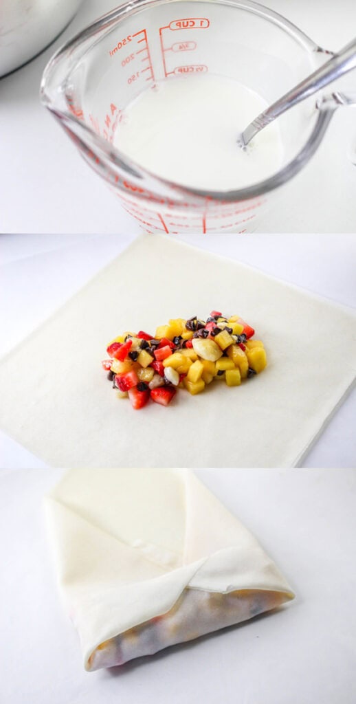 wrapping the fruit mixture in spring roll wrappers