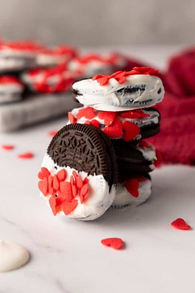 closeup of finished valentine's day oreos