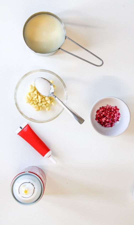 overhead shot of ingredients for red velvet/pink velvet hot chocolate