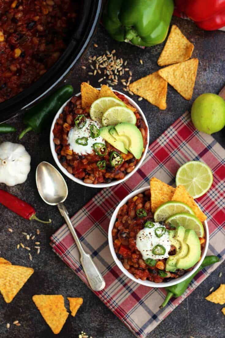 The Best Slow Cooker Vegan Chili Bowls of Chili Flatlay