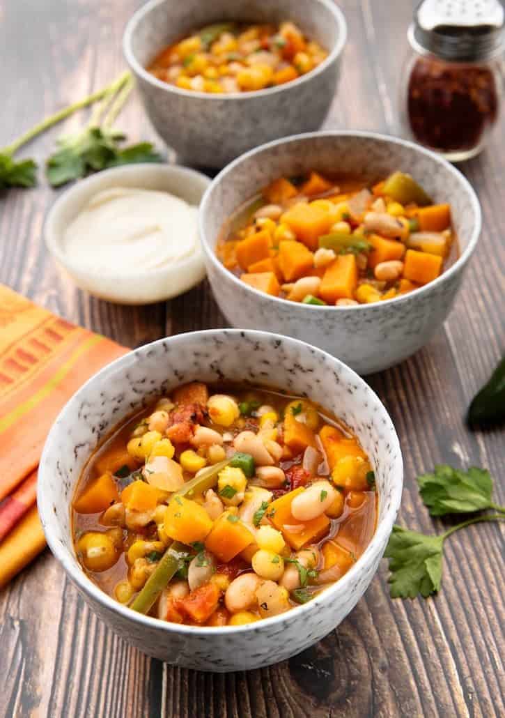 White bean and hominy chili in bowls