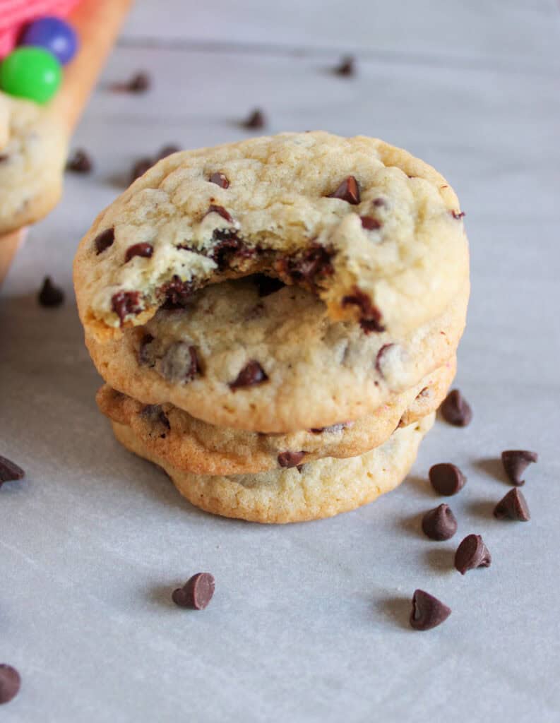 stack of finished chocolate chip cookies