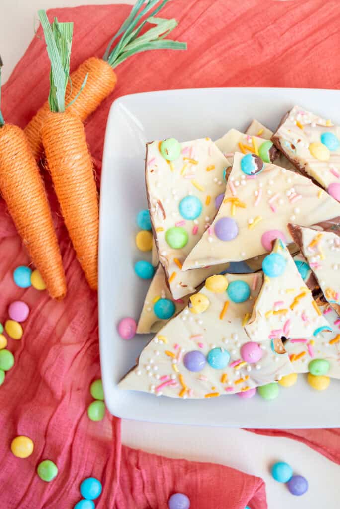 closeup of finished easter candy bark on a plate