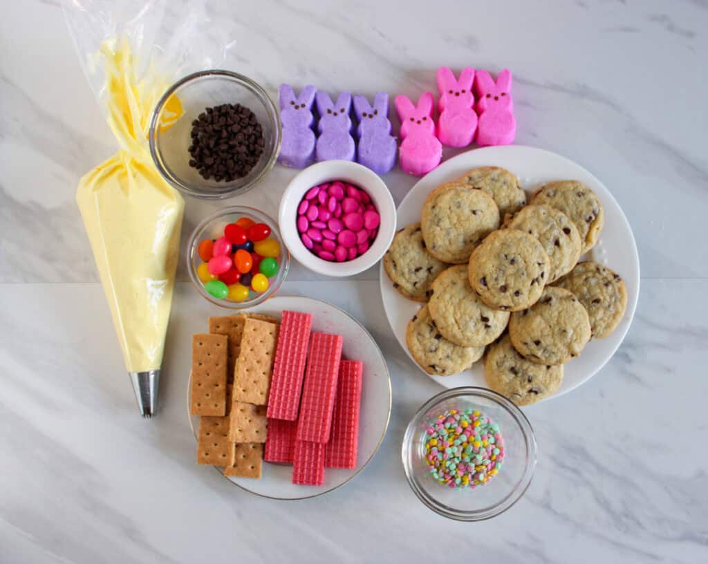 overhead shot of ingredients for easter frosting board - ready to assemble