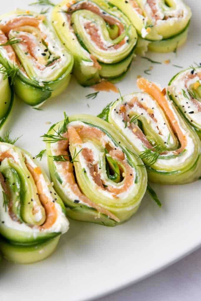 closeup of finished cucumber roll ups