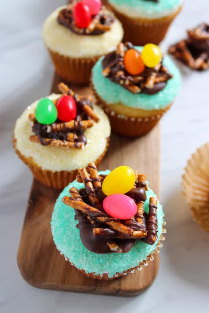 closeup of finished bird's nest cupcakes