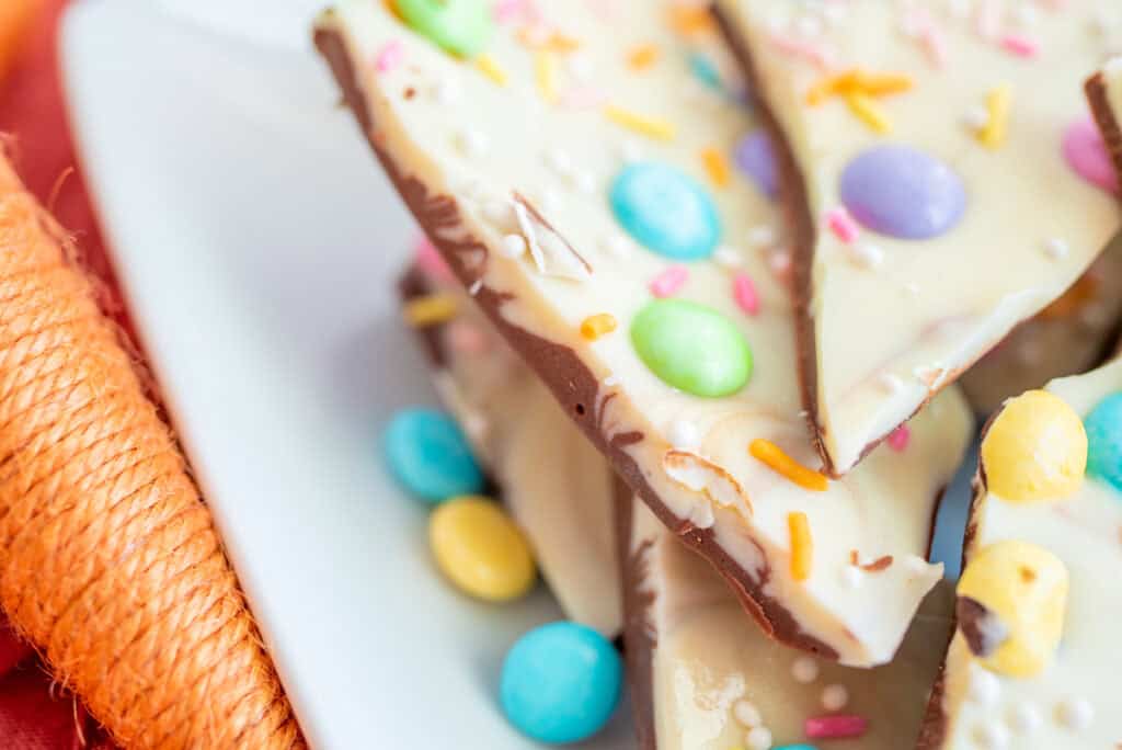 closeup of easter chocolate bark on a plate