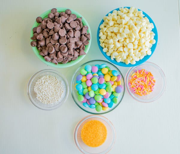 overhead shot of easter chocolate bark ingredients