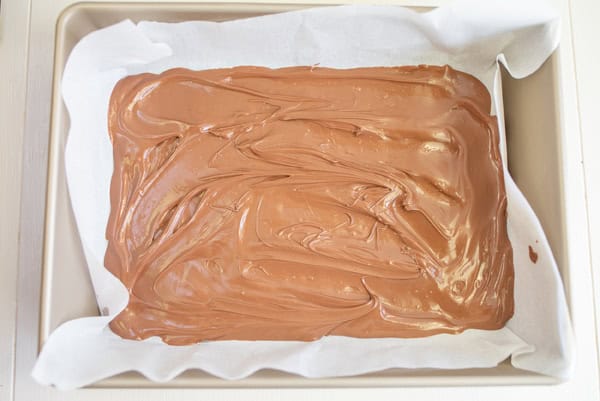 spread the melted chocolate in the parchment lined pan