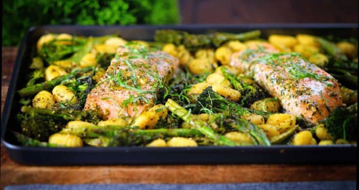 Salmon Tray Bake with Gnocchi and Pesto 1 1600