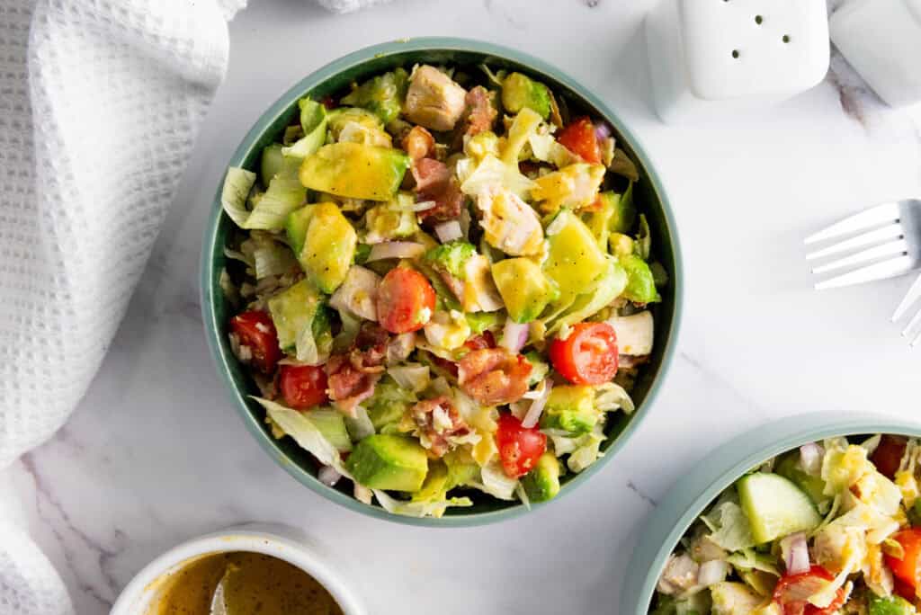 overhead shot of finished salad in a bowl