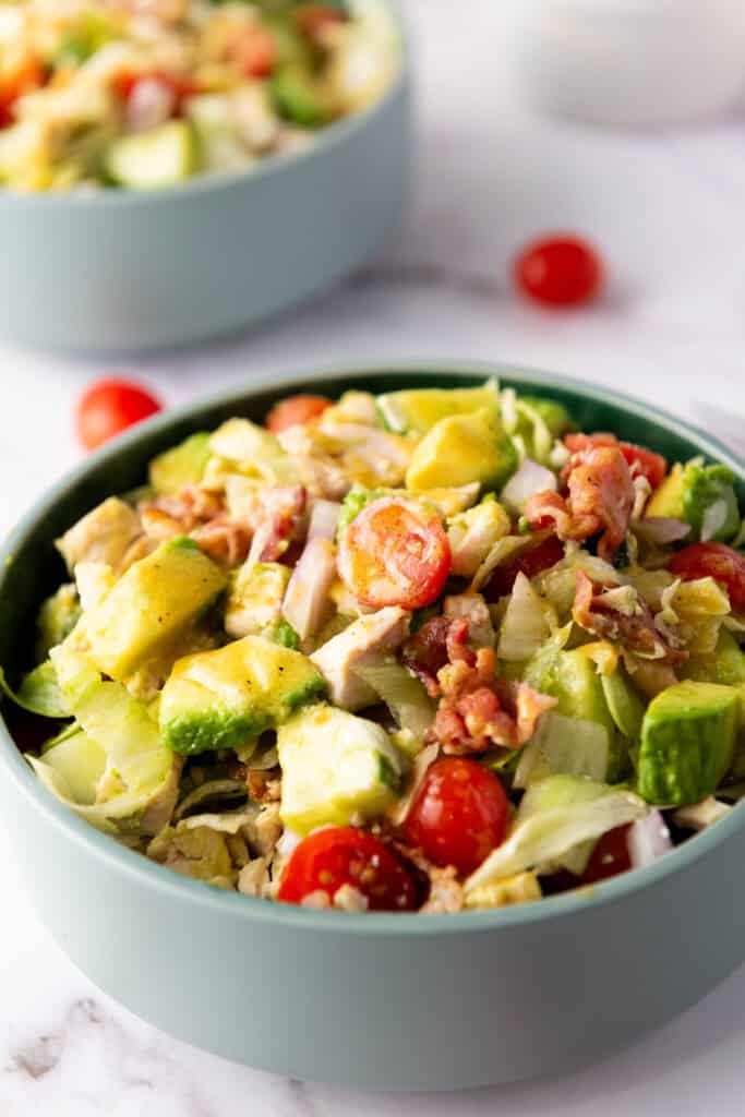 closeup shot of finished chopped salad