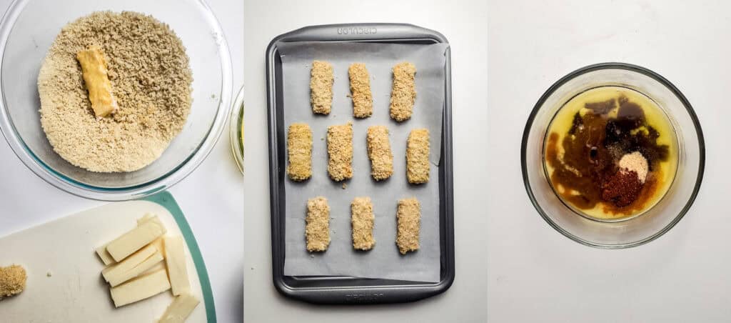 coating the mozzarella sticks, preparing them for the freezer, and making the glaze.