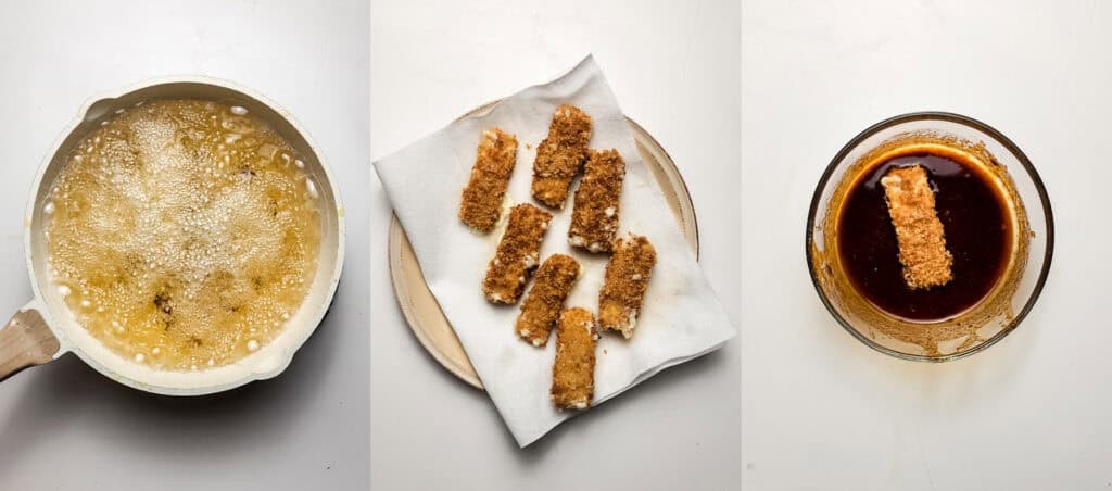 frying and glazing the mozzarella sticks