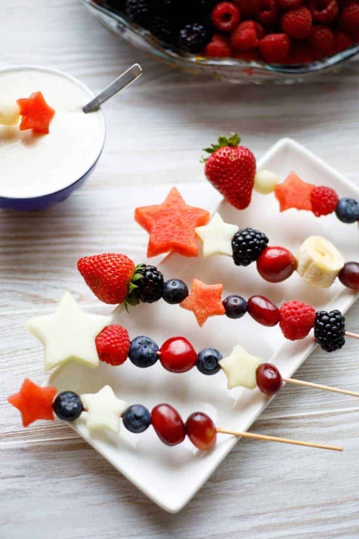 Red White and Blue Fruit Kabobs Platter of Fruit Skewers with Dipper