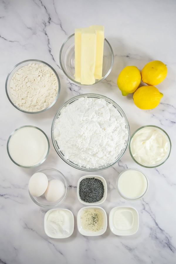 overhead shot of ingredients for lemon poppy seed cupcakes