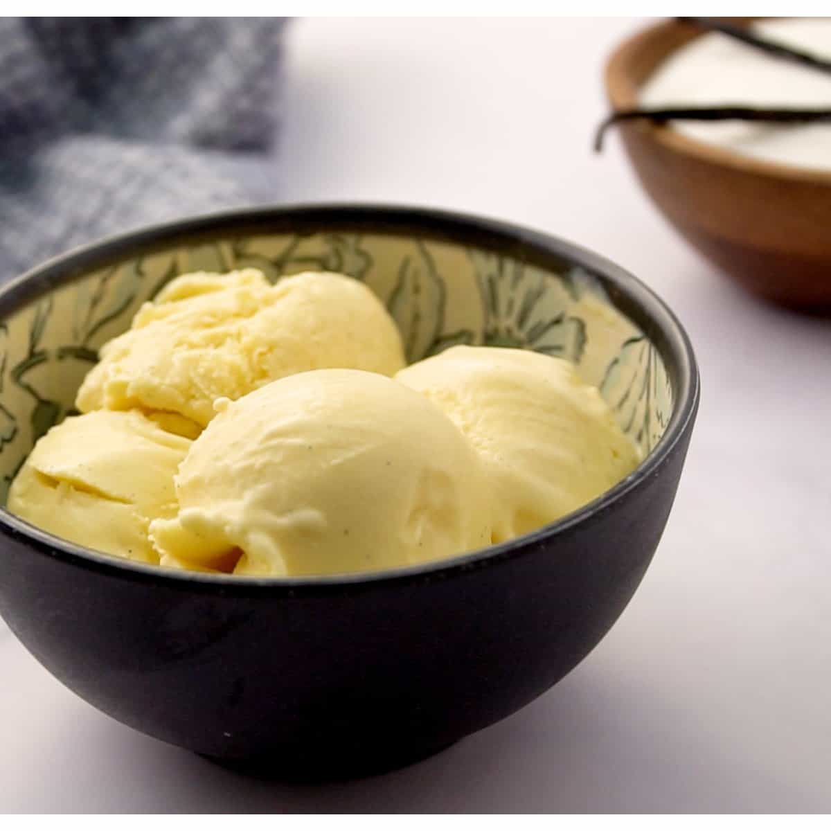 homemade vanilla ice cream scooped and served in a bowl