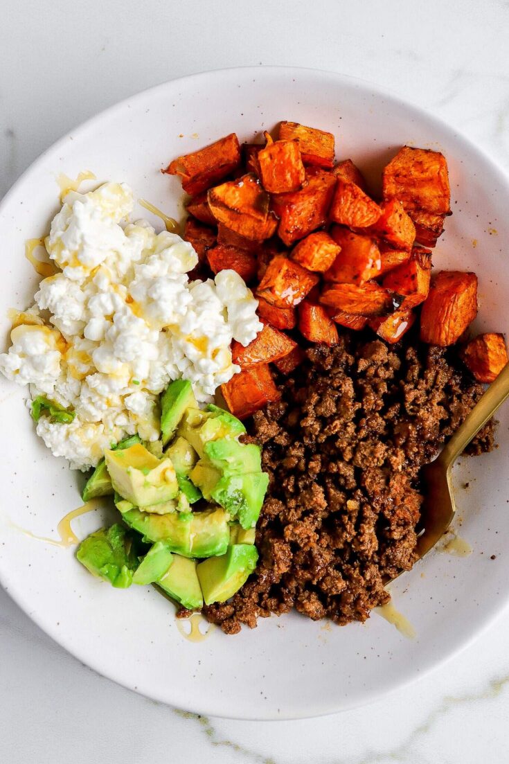 viral sweet potato cottage cheese avocado beef bowl