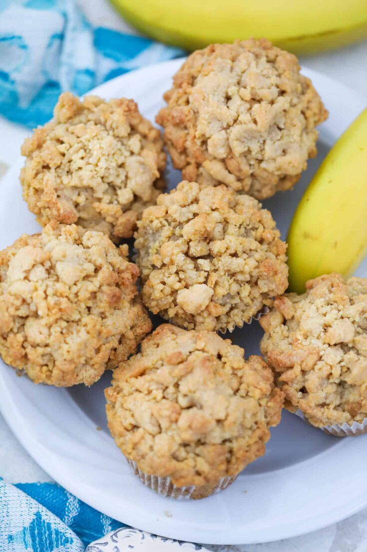 Banana Brown Sugar Crumb Muffins overhead muffins on a plate 13