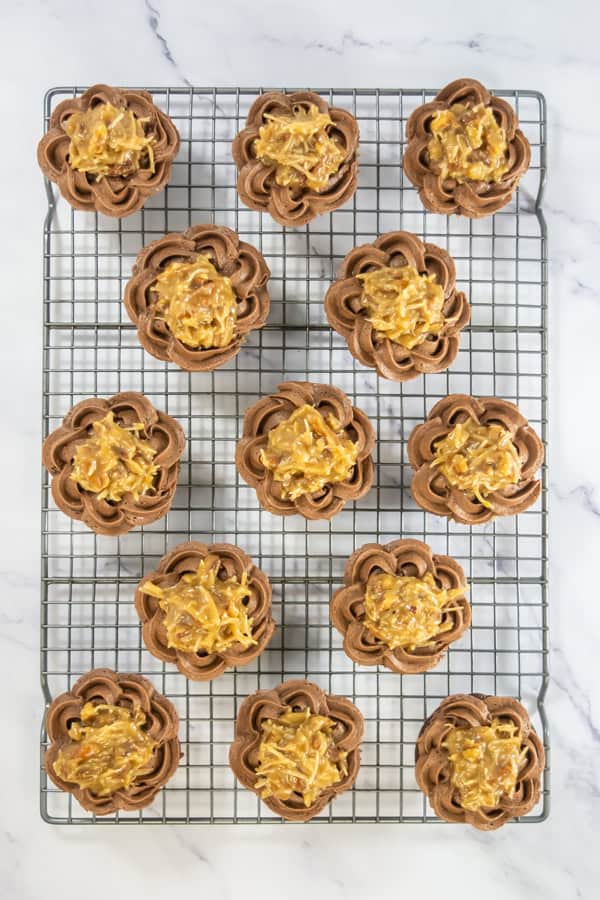 add the coconut pecan filling to the center