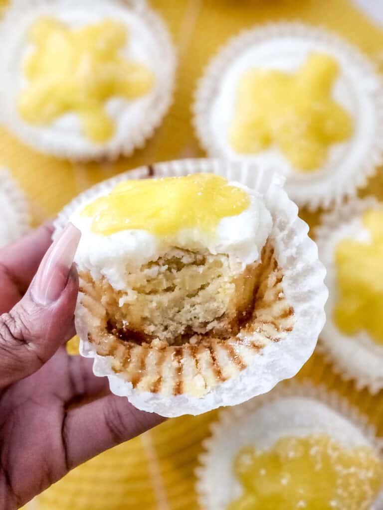 closeup shot of inside of the lemon bar cupcake