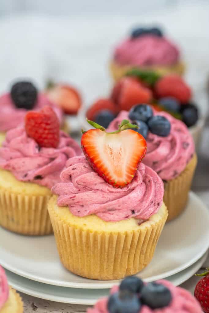 mixed berry cupcakes with mixed berry frosting