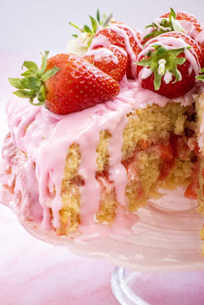 closeup of the inside of the vanilla and strawberry layer cake