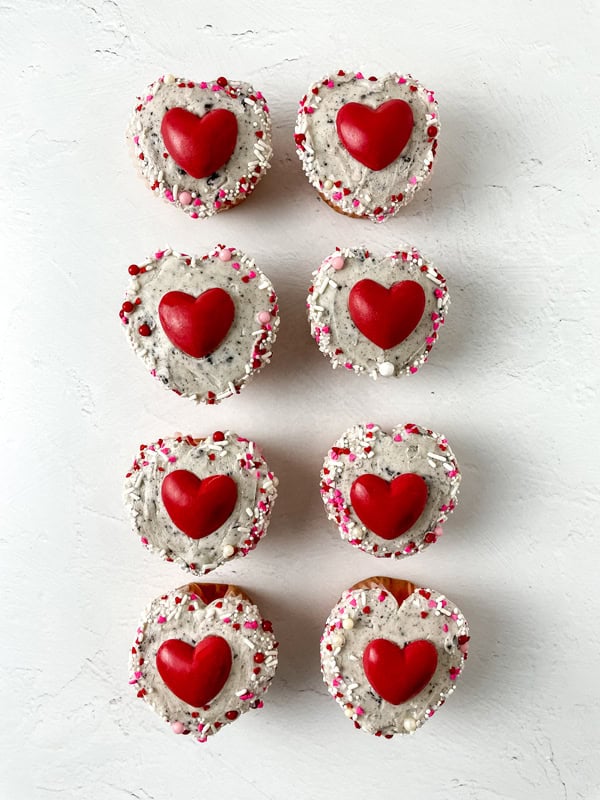 overhead shot of cupcakes after decorating