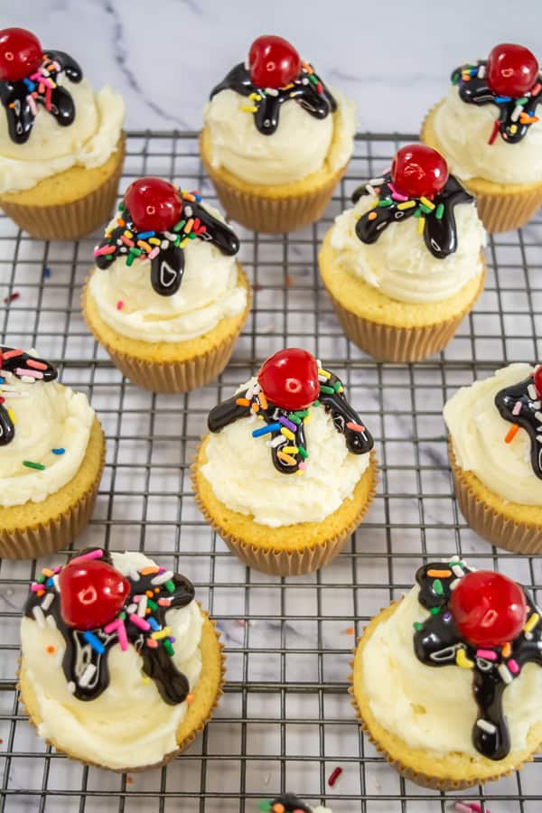 sundae cupcakes after decorating