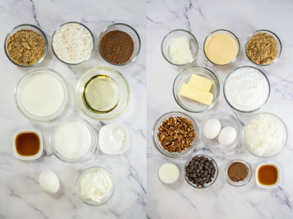 left: chocolate cupcake ingredients; right: icing and filling ingredients