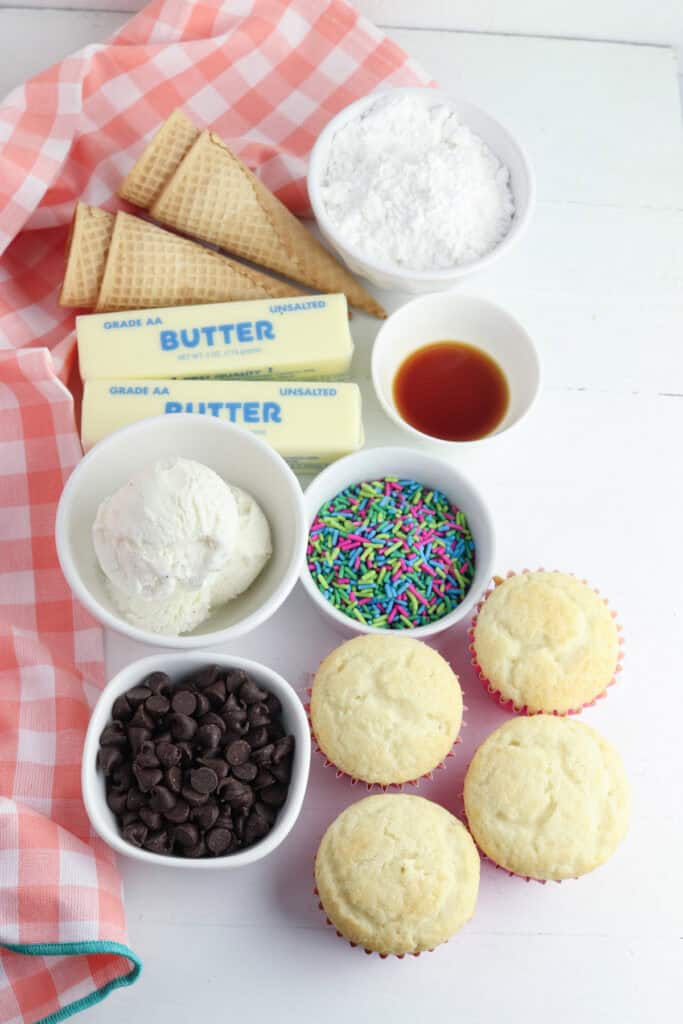 ingredients for ice cream cone cupcakes