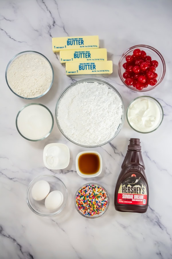 overhead shot of sundae cupcakes ingredients