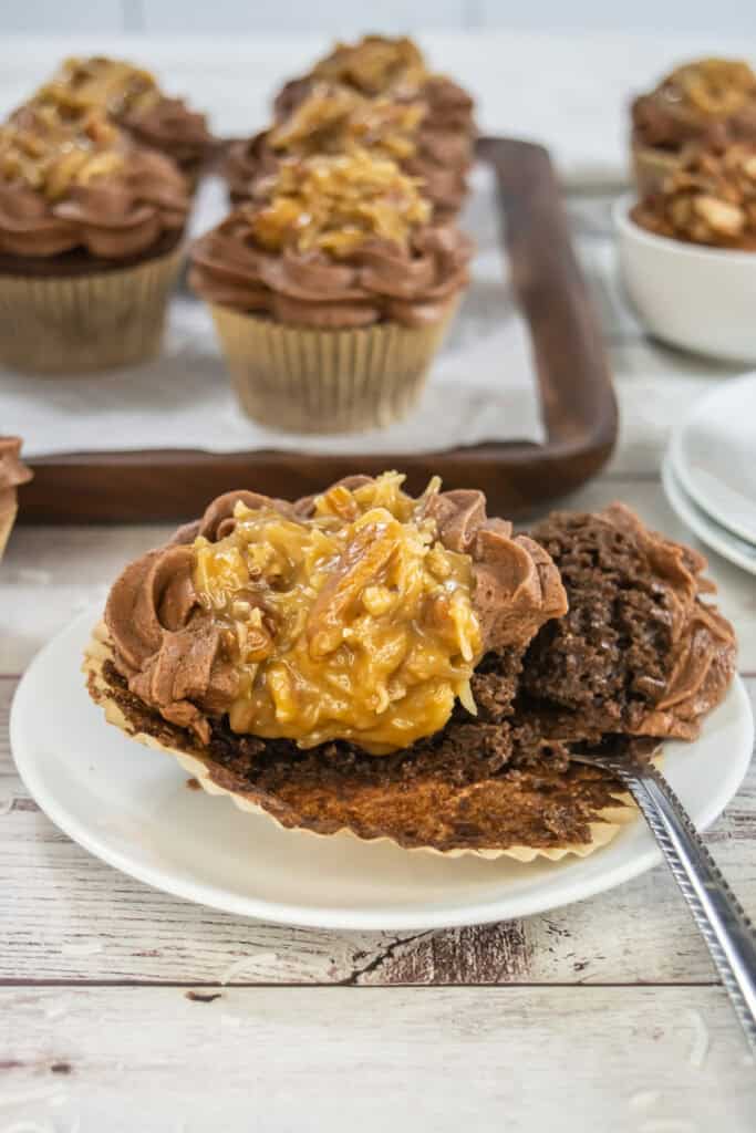 closeup of the inside of the german chocolate cupcake after cutting 