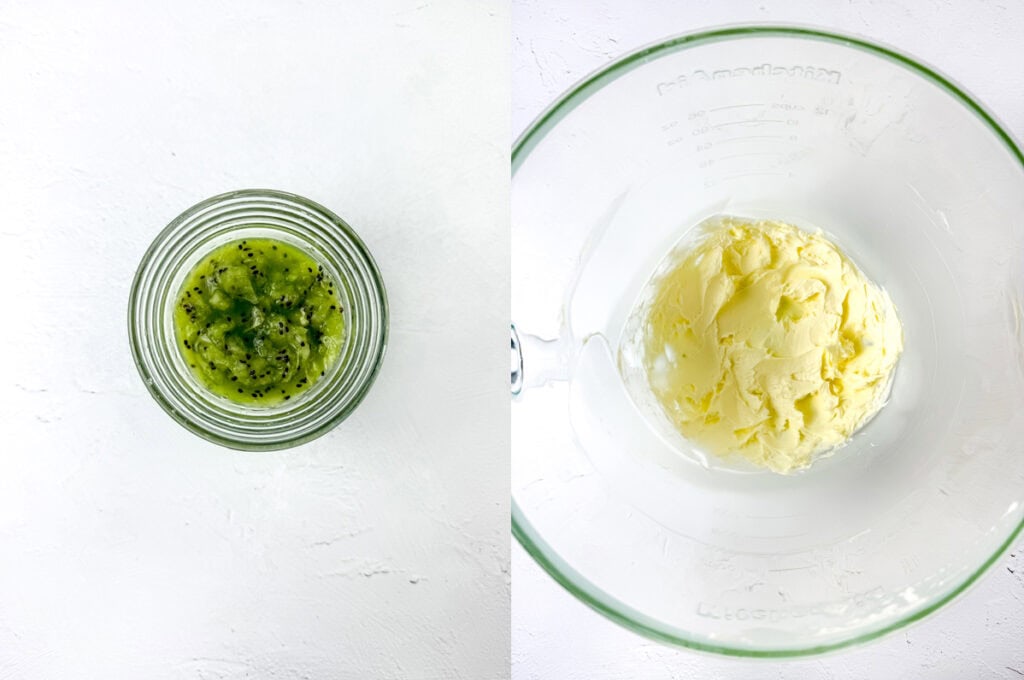 left: mashed kiwi in a bowl; right: creamed butter in a bowl