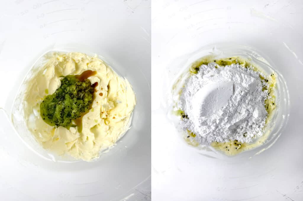 left: kiwi, butter, and vanilla extract in a bowl; right: adding the powdered sugar.