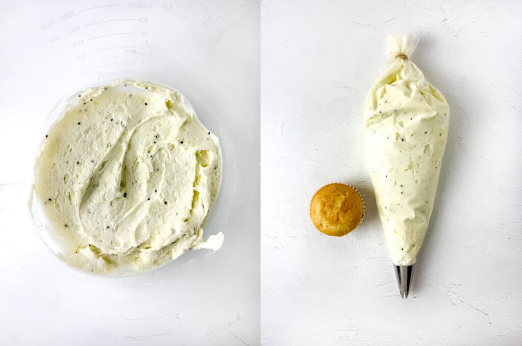 left: kiwi buttercream frosting after mixing; right: buttercream in a piping bag next to a cupcake
