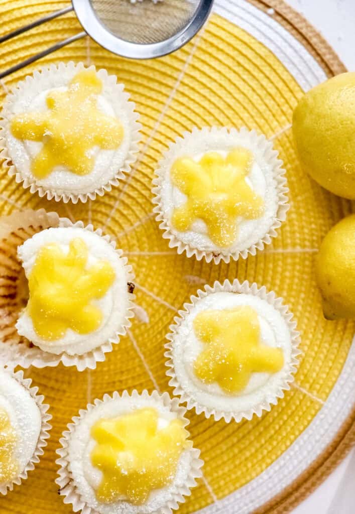 closeup shot of the top of the finished lemon bar cupcakes