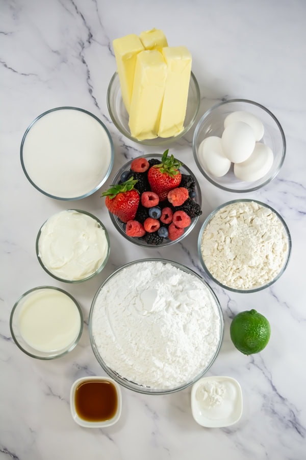 overhead shot of ingredients for mixed berry cupcakes