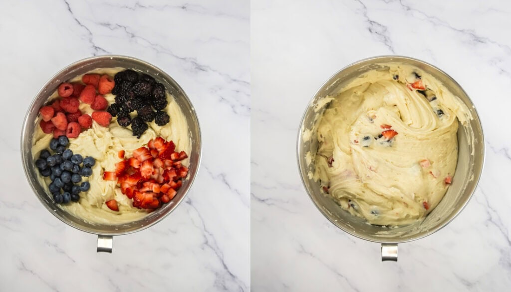 mixing the berries into the cupcake batter