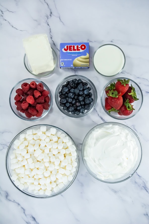 overhead shot of cheesecake fluff ingredients