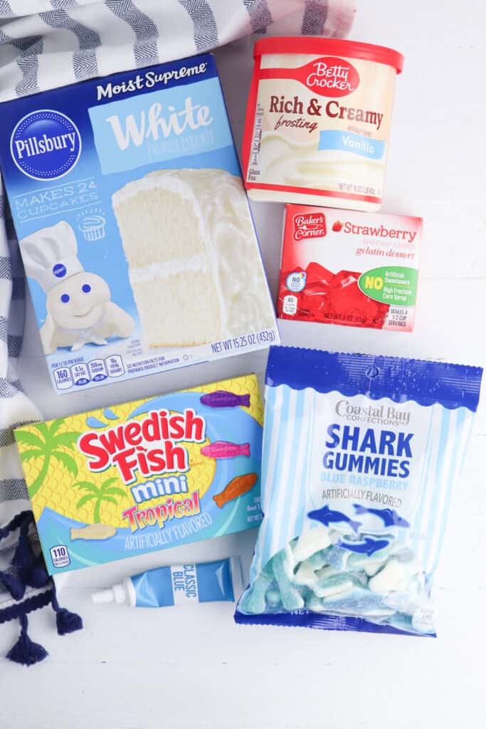 overhead shot of shark cupcakes ingredients