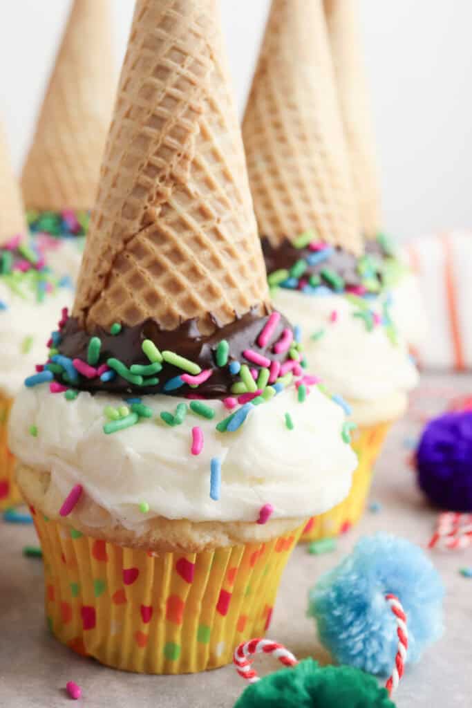 closeup shot of finished ice cream cone cupcakes