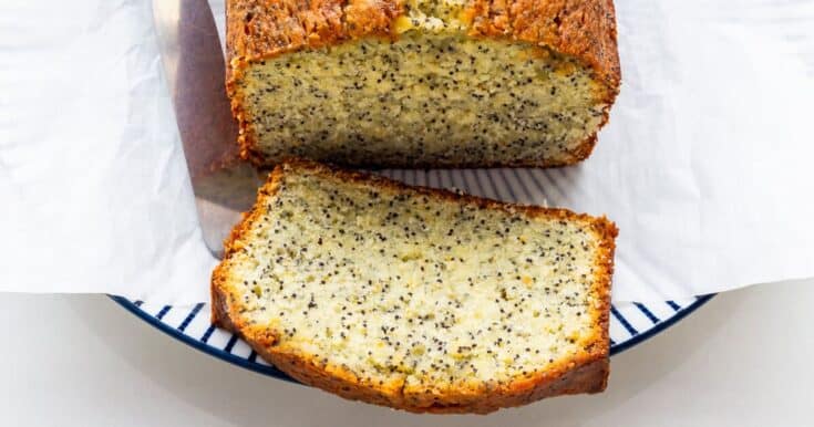 Orange poppy seed cake baked in a loaf cake pan