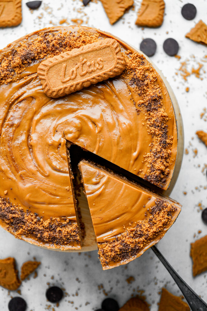 overhead shot of finished biscoff cheesecake with toppings