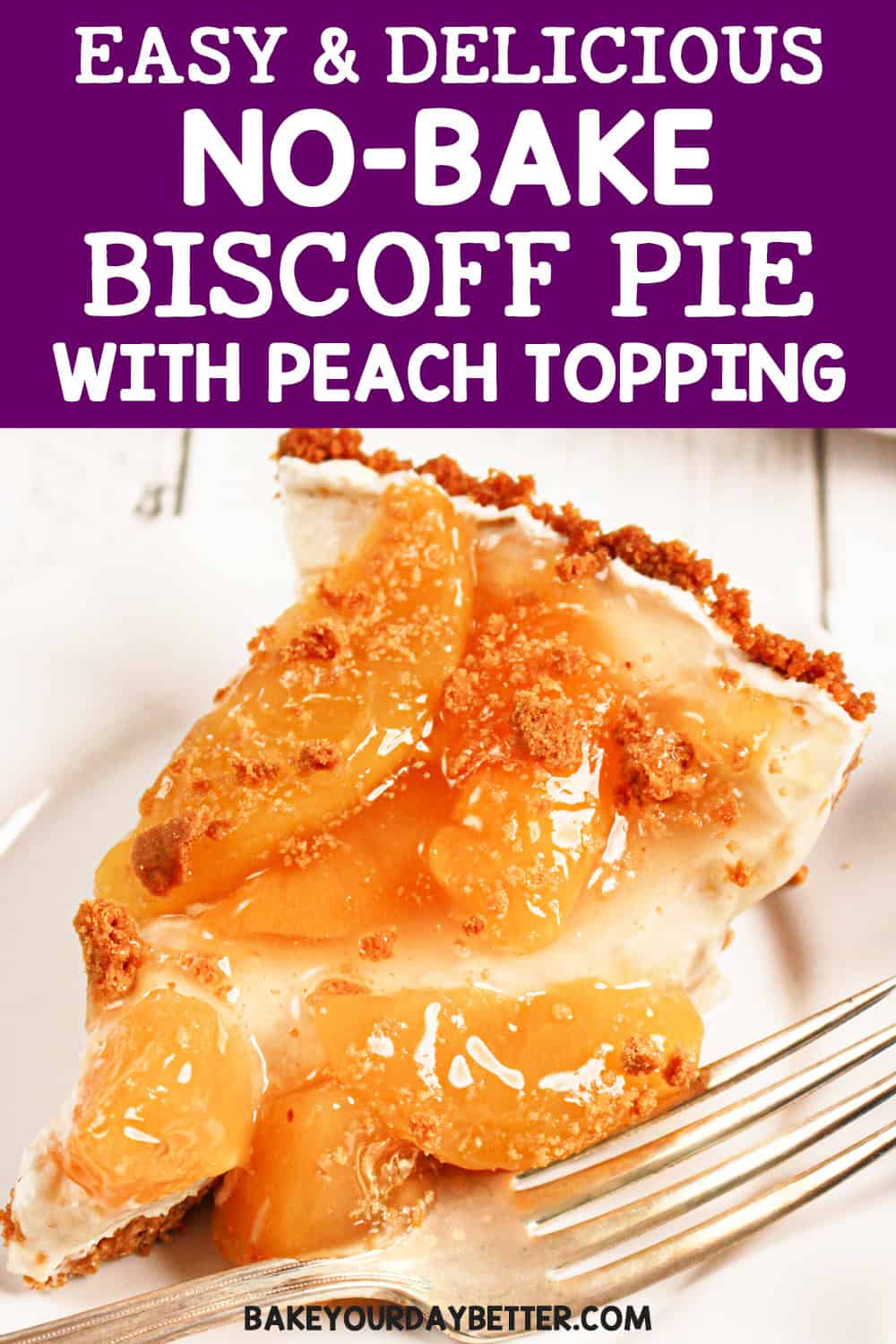 easy delicious no-bake biscoff pie with peach topping