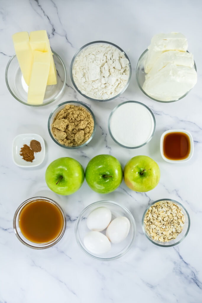 overhead shot of ingredients to make caramel apple cheesecake bars