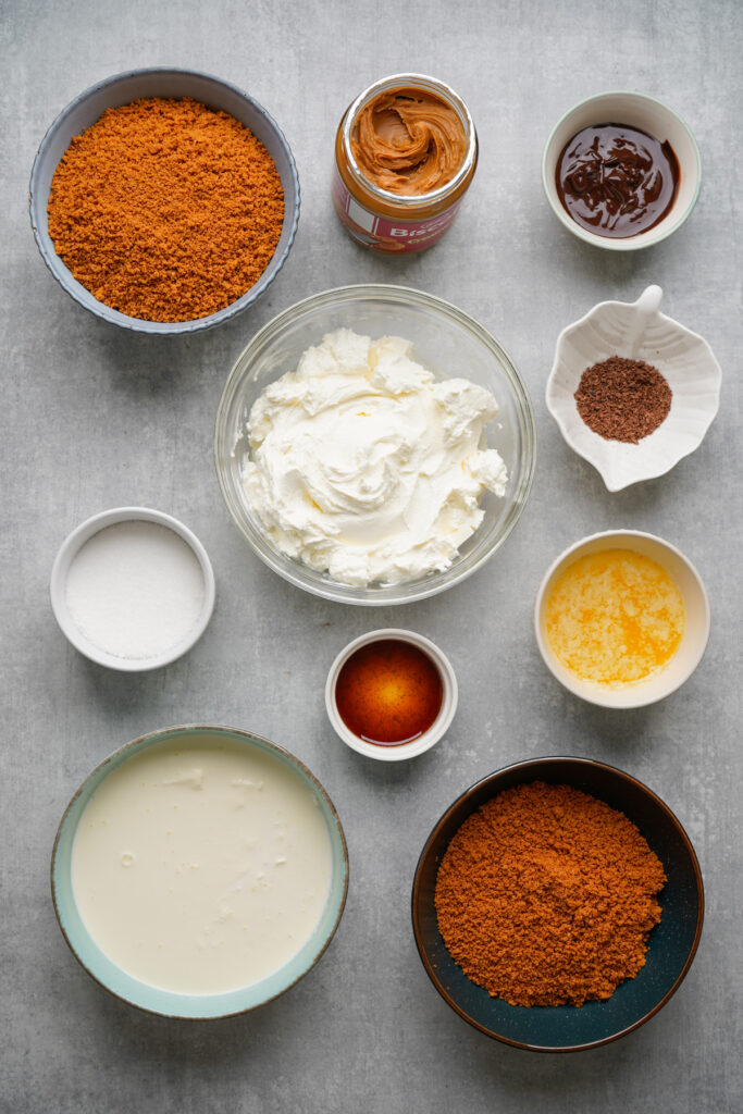overhead shot of ingredients for no-bake biscoff cheesecake